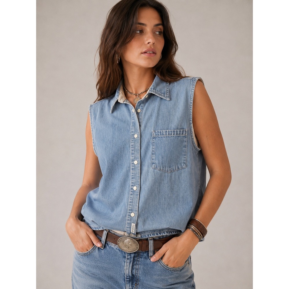 Route 66 Y2K Boho Western Cowgirl Sleeveless Denim Shirt XL Light Wash Cotton